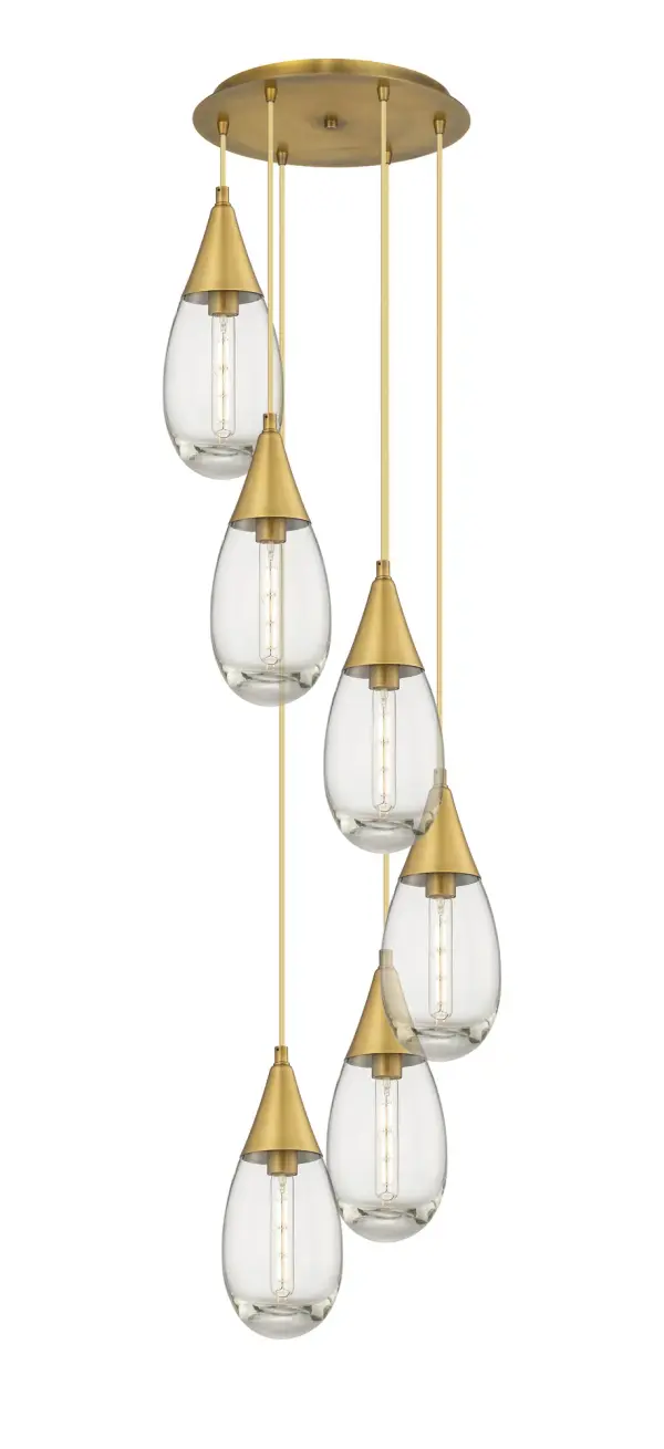The Malone Pendant is a modern design for the traditional teardrop form. The large fixture presents a beautiful silhouette with a cone inspired metal base opening up to reveal a single bulb encased in classic drop shaped heavy glass.