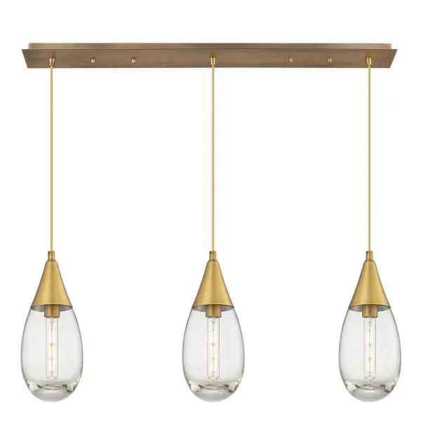 The Malone Pendant is a modern design for the traditional teardrop form. The large fixture presents a beautiful silhouette with a cone inspired metal base opening up to reveal a single bulb encased in classic drop shaped heavy glass.