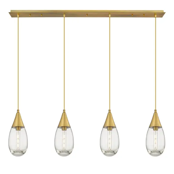 The Malone Pendant is a modern design for the traditional teardrop form. The large fixture presents a beautiful silhouette with a cone inspired metal base opening up to reveal a single bulb encased in classic drop shaped heavy glass.