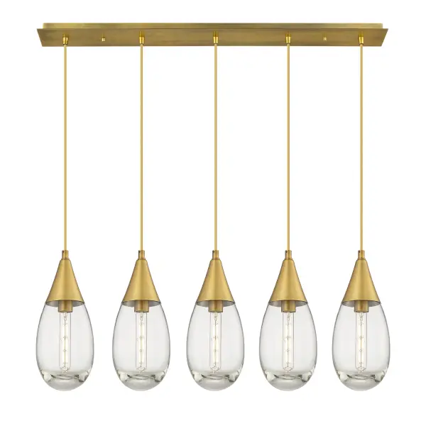The Malone Pendant is a modern design for the traditional teardrop form. The large fixture presents a beautiful silhouette with a cone inspired metal base opening up to reveal a single bulb encased in classic drop shaped heavy glass.