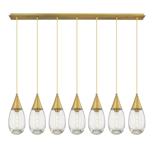 The Malone Pendant is a modern design for the traditional teardrop form. The large fixture presents a beautiful silhouette with a cone inspired metal base opening up to reveal a single bulb encased in classic drop shaped heavy glass.