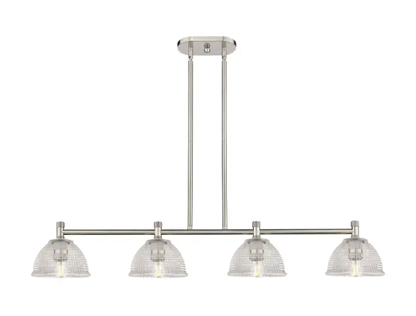 Details abound in the Crown Point Collection with an industrial take on modern sophistication. This stunning line of fixtures features cylindrical glass set in an updated restoration style frame with intricate knurling detail on the sockets, canopy, and finials.