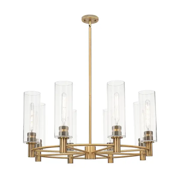 Details abound in the Crown Point Collection with an industrial take on modern sophistication. This stunning line of fixtures features cylindrical glass set in an updated restoration style frame with intricate knurling detail on the sockets, canopy, and finials.