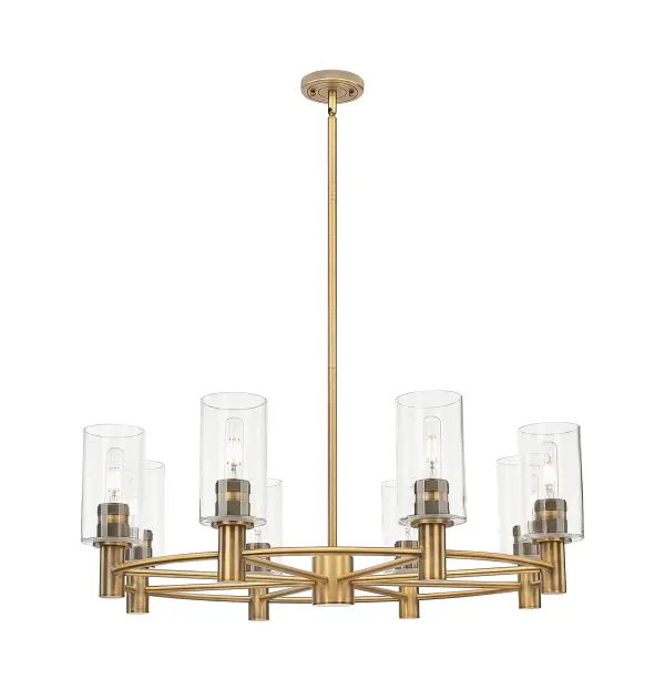 Details abound in the Crown Point Collection with an industrial take on modern sophistication. This stunning line of fixtures features cylindrical glass set in an updated restoration style frame with intricate knurling detail on the sockets, canopy, and finials.
