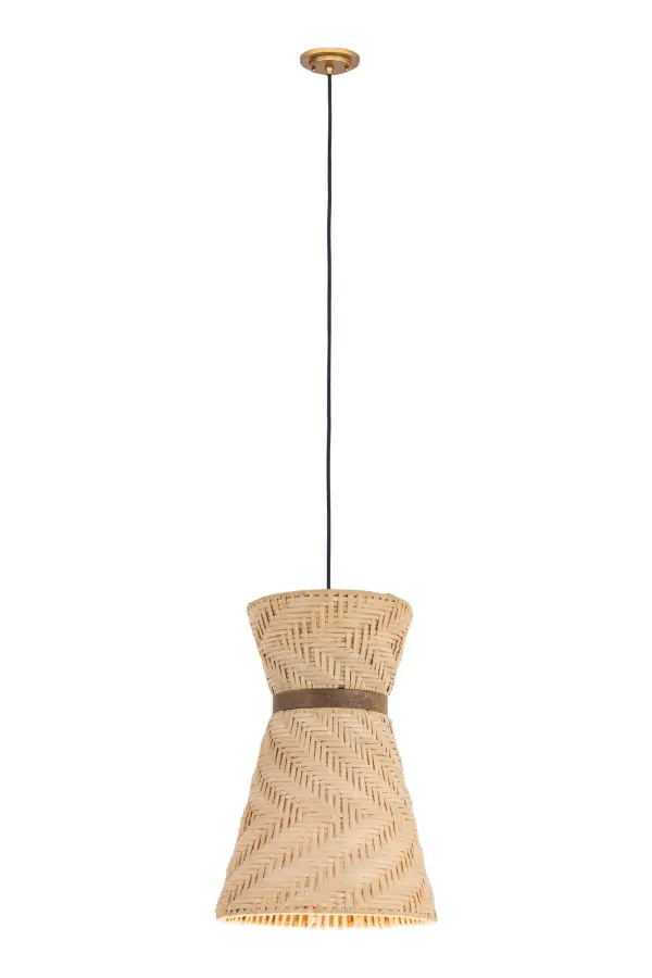 A tightly woven natural-colored pendant with a tailored silhouette, enhanced by a dark contrasting band. This design brings sophistication to the organic charm.