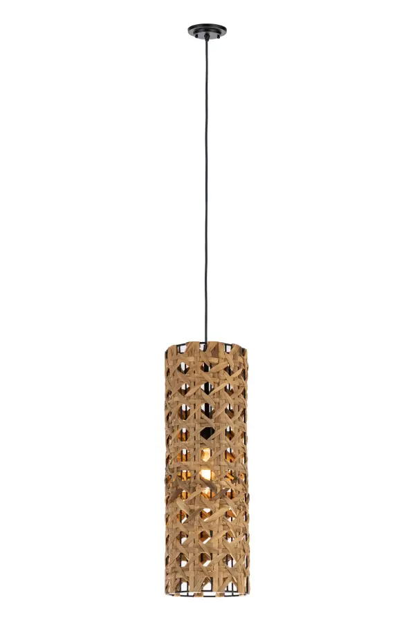 Each long cylindrical pendant of the Grove collection is unique and crafted from natural materials with intricate weaving. Its refined design emphasizes natural texture and craftsmanship.