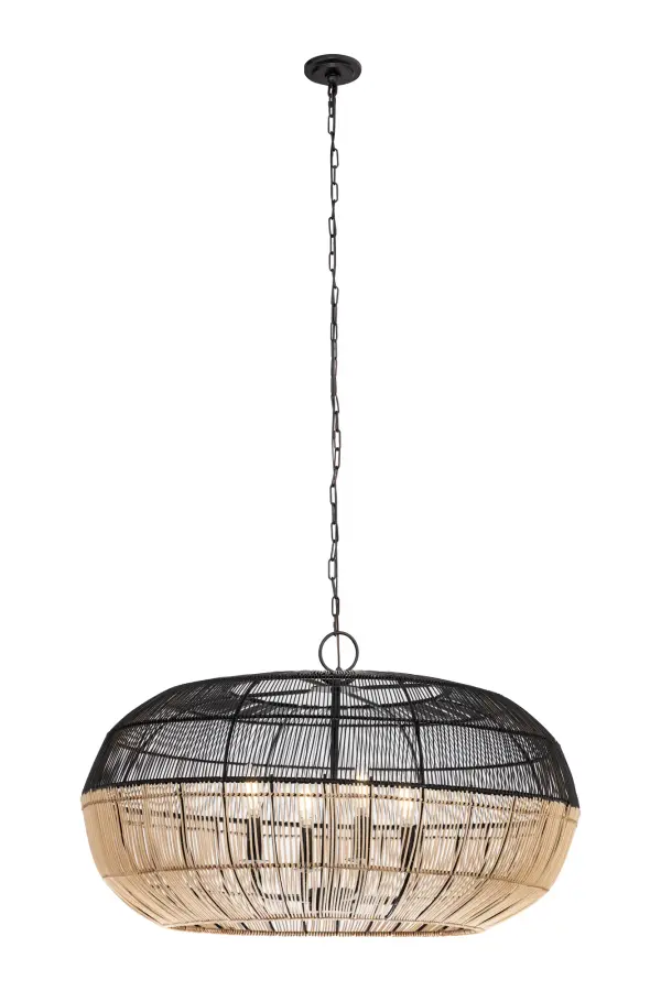 A large spherical pendant in natural tones, featuring a contrasting black weave design. Its striking open structure complements both rustic and modern spaces.
