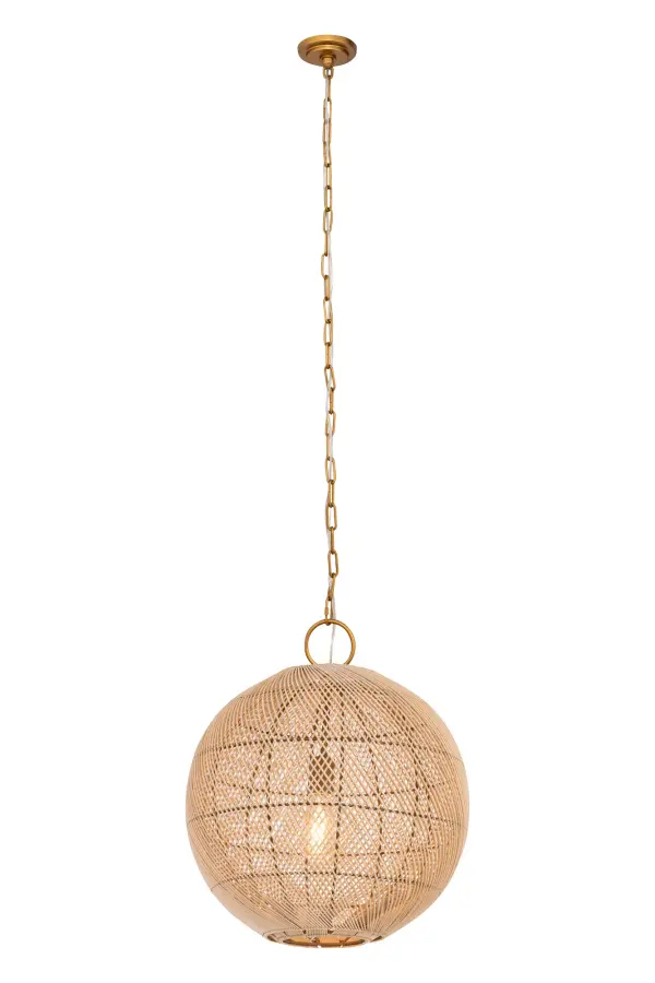 Crafted with an open weave rattan design, this bulb-shaped pendant features intricate wire detailing for a refined, contemporary look. The natural texture of the rattan blends seamlessly with the industrial-inspired wire loop and chain suspension. Perfect for adding organic charm to modern urban spaces, this pendant creates a welcoming atmosphere with its soft, diffused light.
