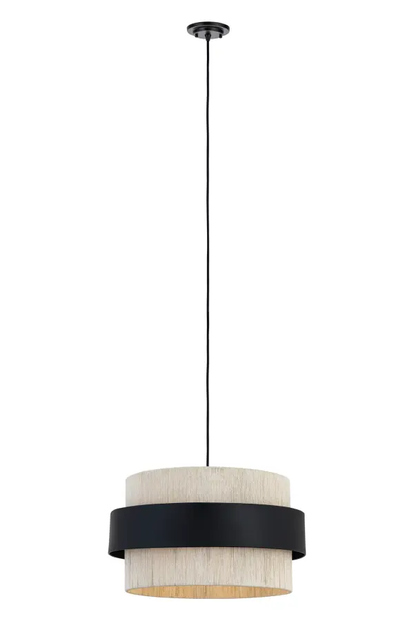 Crafted from natural materials, this modern pendant showcases a short double drum design. The inner shade features a tall cylindrical form wrapped in a vertical light rattan weave, while the outer black drum adds bold contrast. Clean lines and organic textures make it a simple yet striking lighting accent.