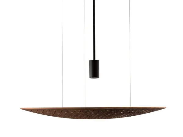 The Harmony pendant showcases beautiful Imbuia wood in a contemporary design that adds organic warmth to any room. Its medium scale and natural material make it versatile for both residential and hospitality settings.