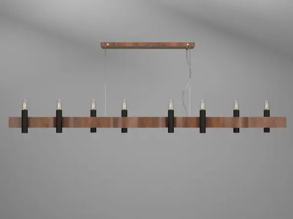 The Flow Eight Light Pendant brings dramatic linear presence with its impressive 70-inch length and warm Imbuia wood finish. Perfect for large dining tables and kitchen islands, this contemporary fixture creates a flowing visual rhythm.