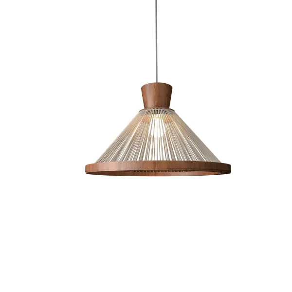 The Corda pendant brings natural wood beauty in a compact 11-inch design. Its Imbuia wood finish offers warm, organic character perfect for intimate spaces. Ideal for adding natural texture to modern interiors.