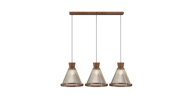 The Corda pendant brings natural elegance with its distinctive Imbuia wood finish spanning over 41 inches. Three integrated lights provide warm illumination through organic wood slats, perfect for modern spaces seeking natural materials.
